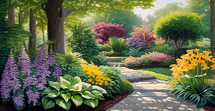 A lush garden filled with colorful flowers, ferns, and hostas, illuminated by soft sunlight filtering through trees.