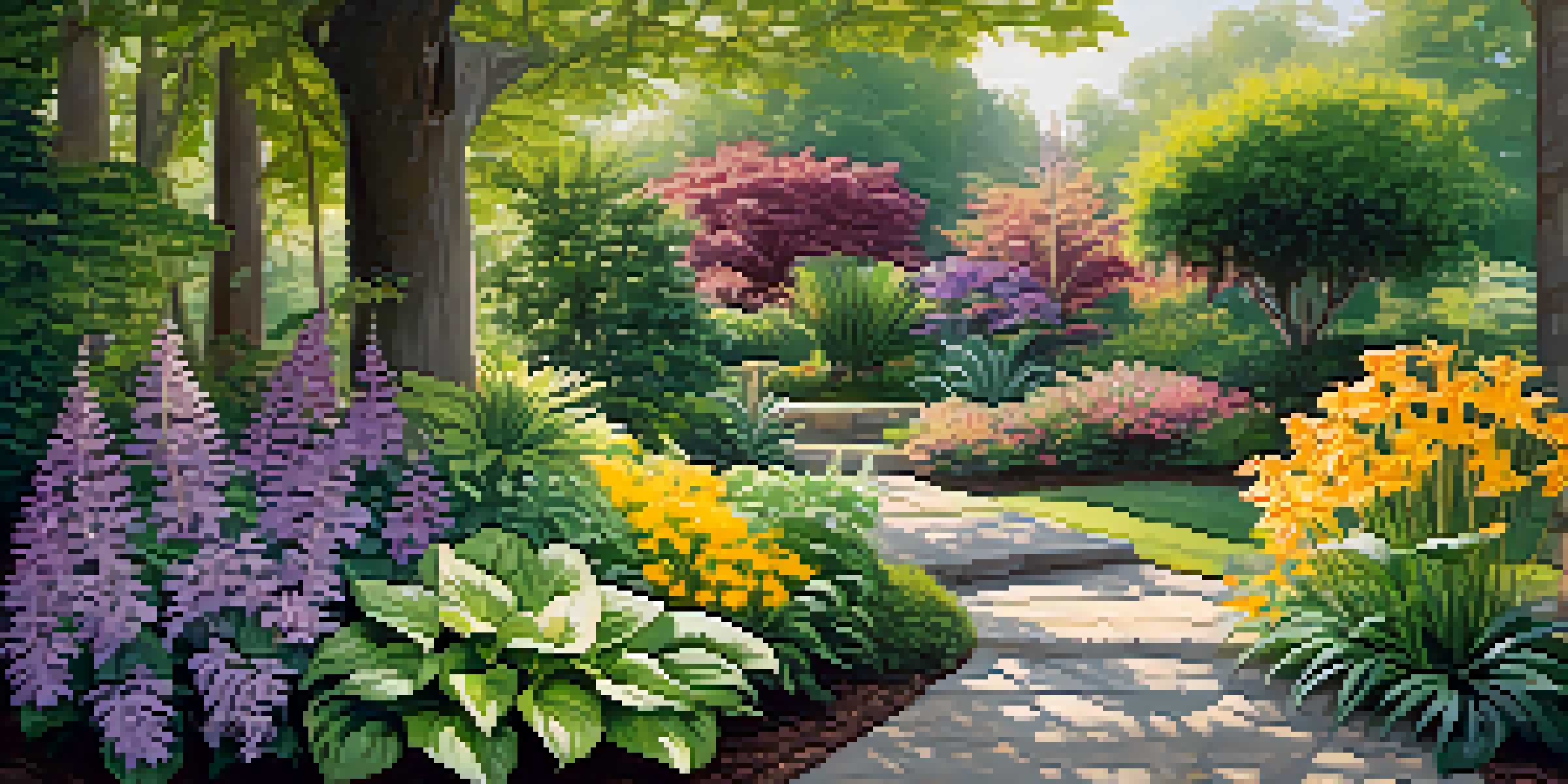 A lush garden filled with colorful flowers, ferns, and hostas, illuminated by soft sunlight filtering through trees.