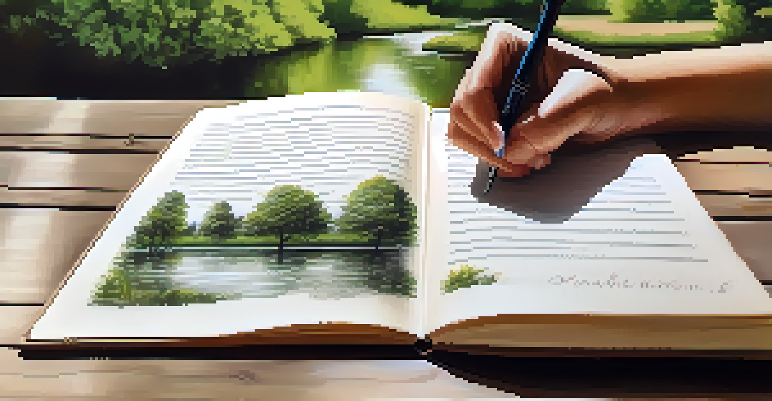 A close-up of a hand writing in a journal, with a blurred park background creating a tranquil atmosphere.