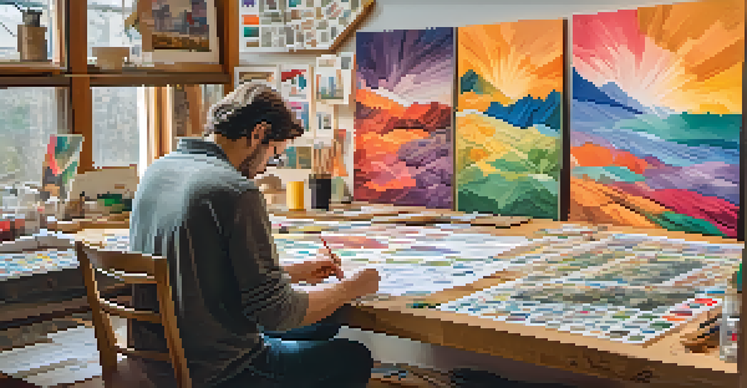 An artist designing a new postage stamp in a bright studio, surrounded by art supplies and completed stamps, sketching a landscape representing national heritage.