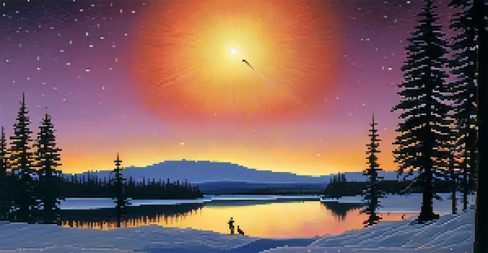 A vibrant depiction of Halley's Comet with a glowing tail in a starry sky, surrounded by silhouetted onlookers and trees.