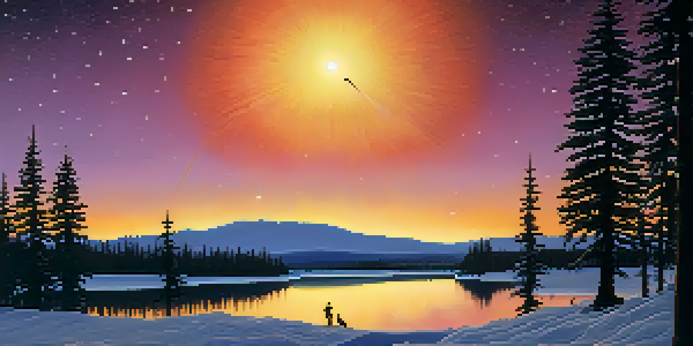 A vibrant depiction of Halley's Comet with a glowing tail in a starry sky, surrounded by silhouetted onlookers and trees.