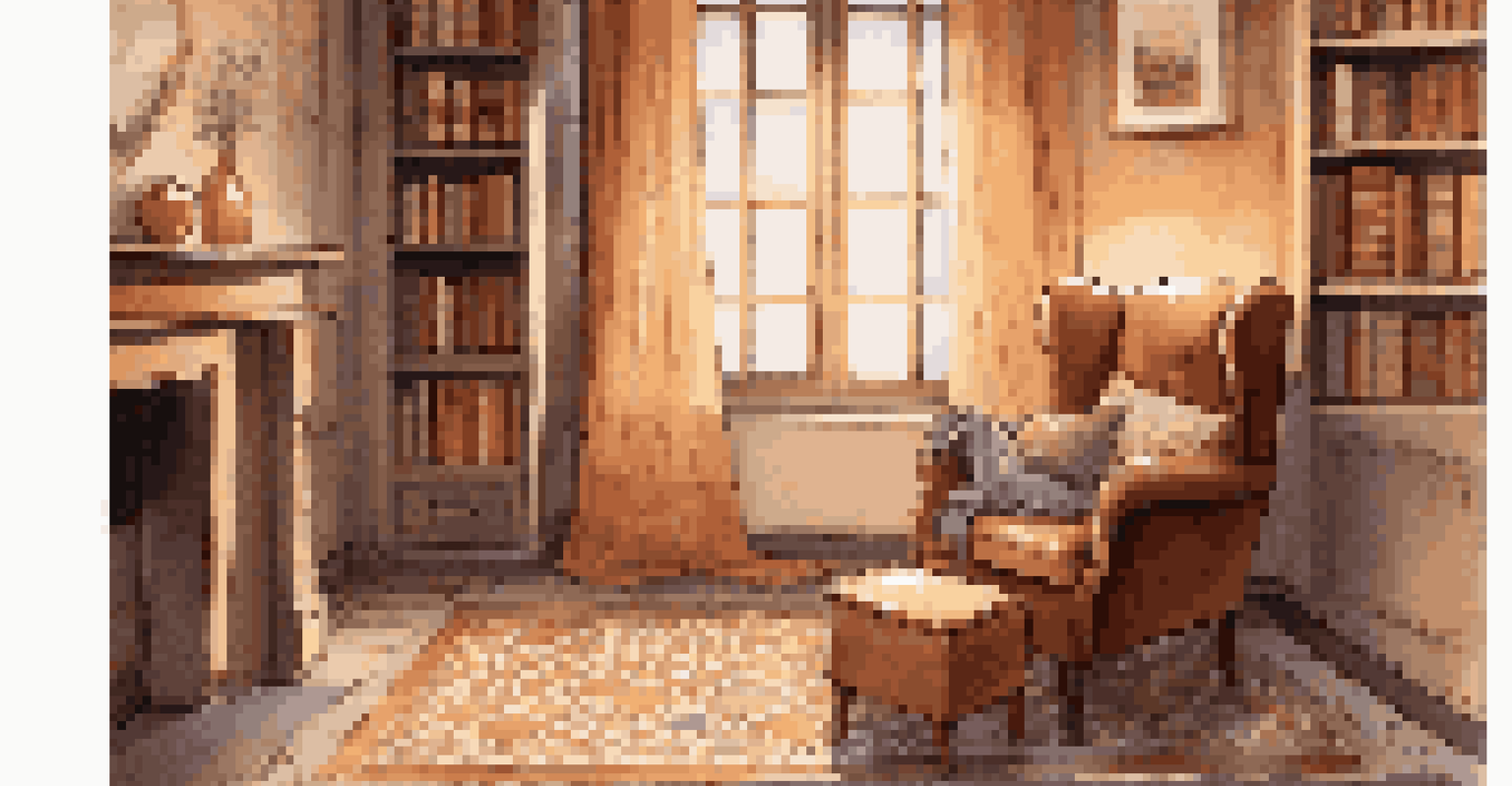 A cozy reading nook with warm-toned decorative tiles and a comfortable armchair.