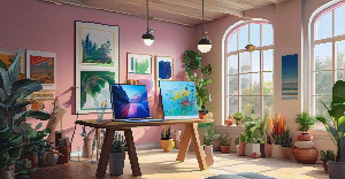 A bright digital art studio with colorful canvases, a tablet on a desk, and natural light coming through a large window.