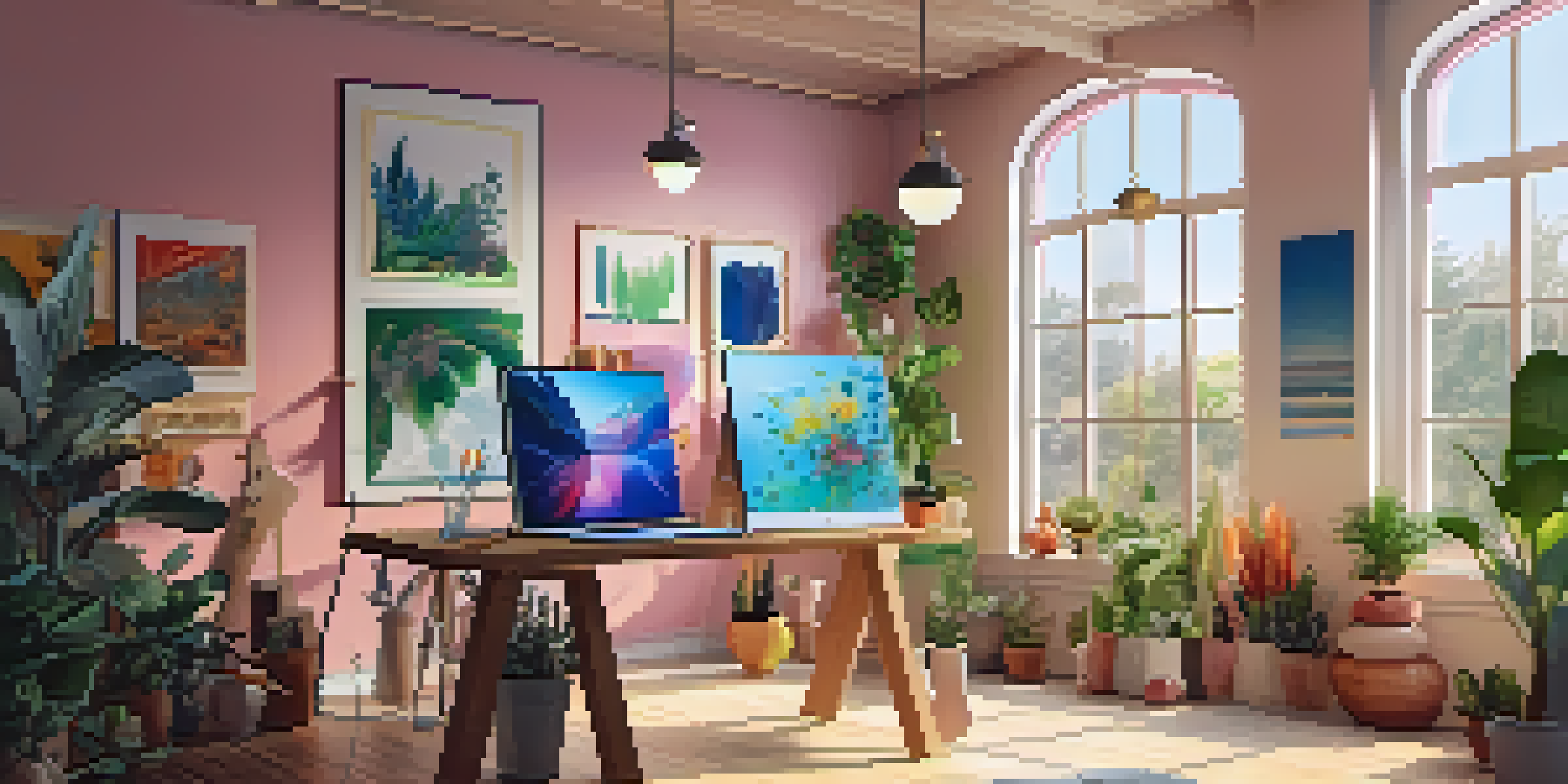 A bright digital art studio with colorful canvases, a tablet on a desk, and natural light coming through a large window.
