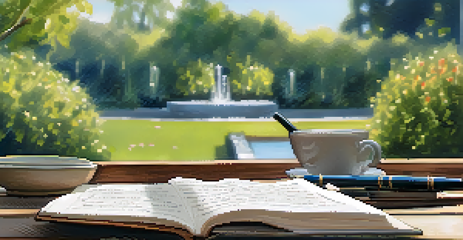A close-up of an open memoir journal with handwritten notes on a rustic table, surrounded by a serene garden setting and natural light.
