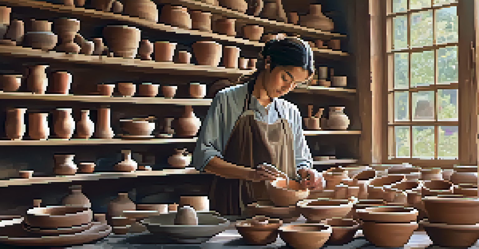 A potter shaping a clay bowl on a wheel in a bright workshop filled with colorful pottery.