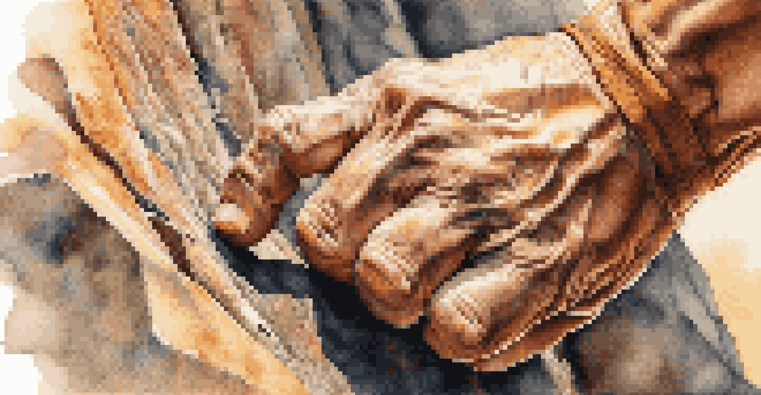 A close-up of a climber's hands gripping a climbing hold, with detailed textures and a focused expression in a warm, sunlit environment.