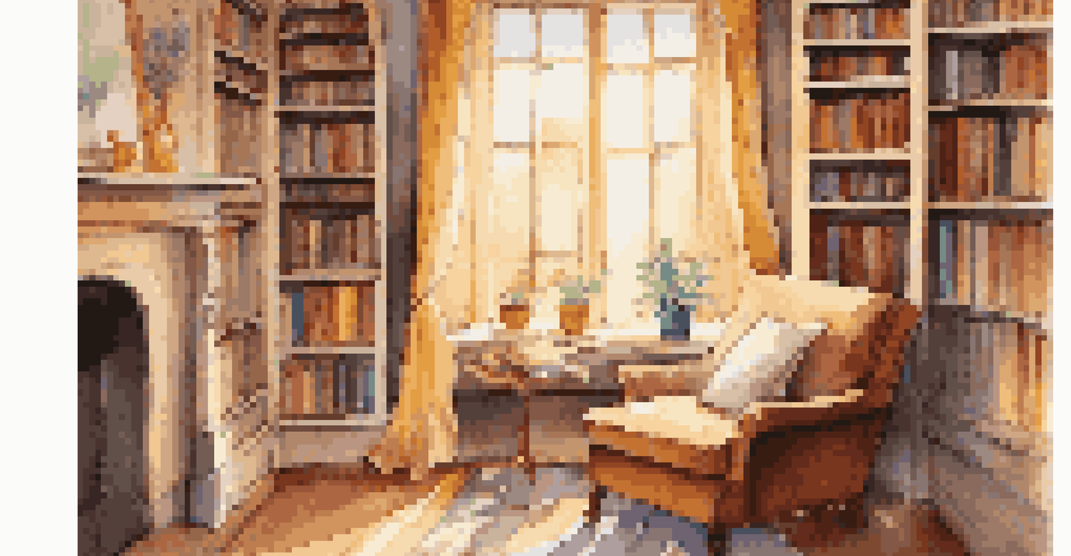 A warm and inviting reading nook with an armchair, bookshelves, a cup of tea, and sunlight streaming in through a window.