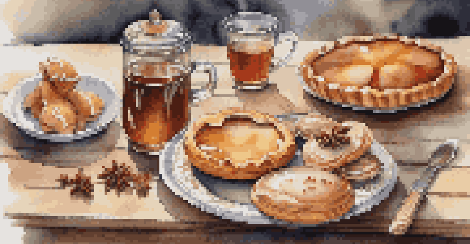 An array of pastries including gingerbread cookies and spiced apple tarts on a wooden table, paired with a steaming cup of herbal tea, illuminated by soft lighting.