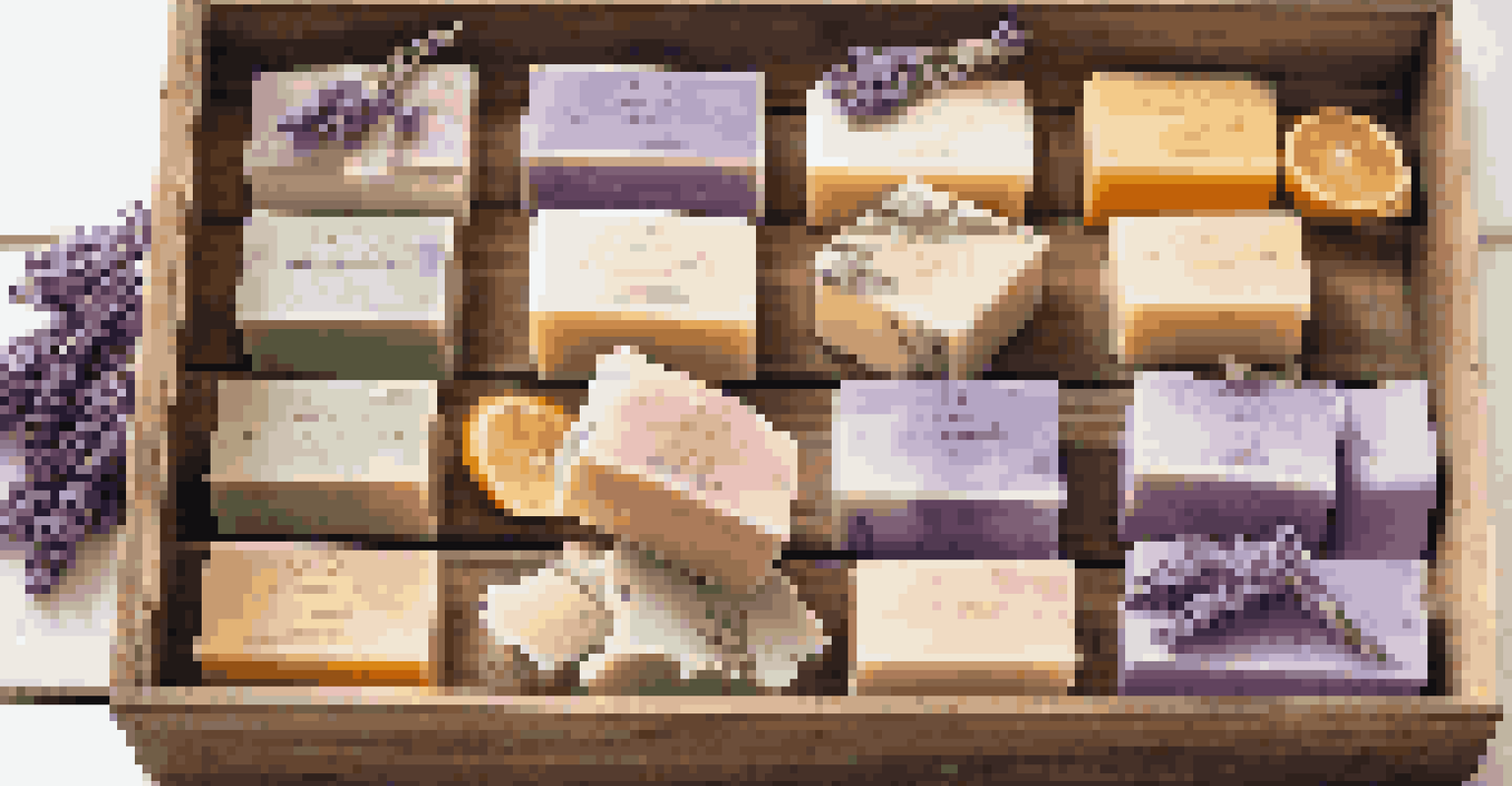 A display of uniquely shaped finished soap bars with labels, accompanied by lavender and citrus slices on a wooden tray.