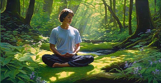 A person meditating in a peaceful forest, surrounded by greenery and wildflowers.