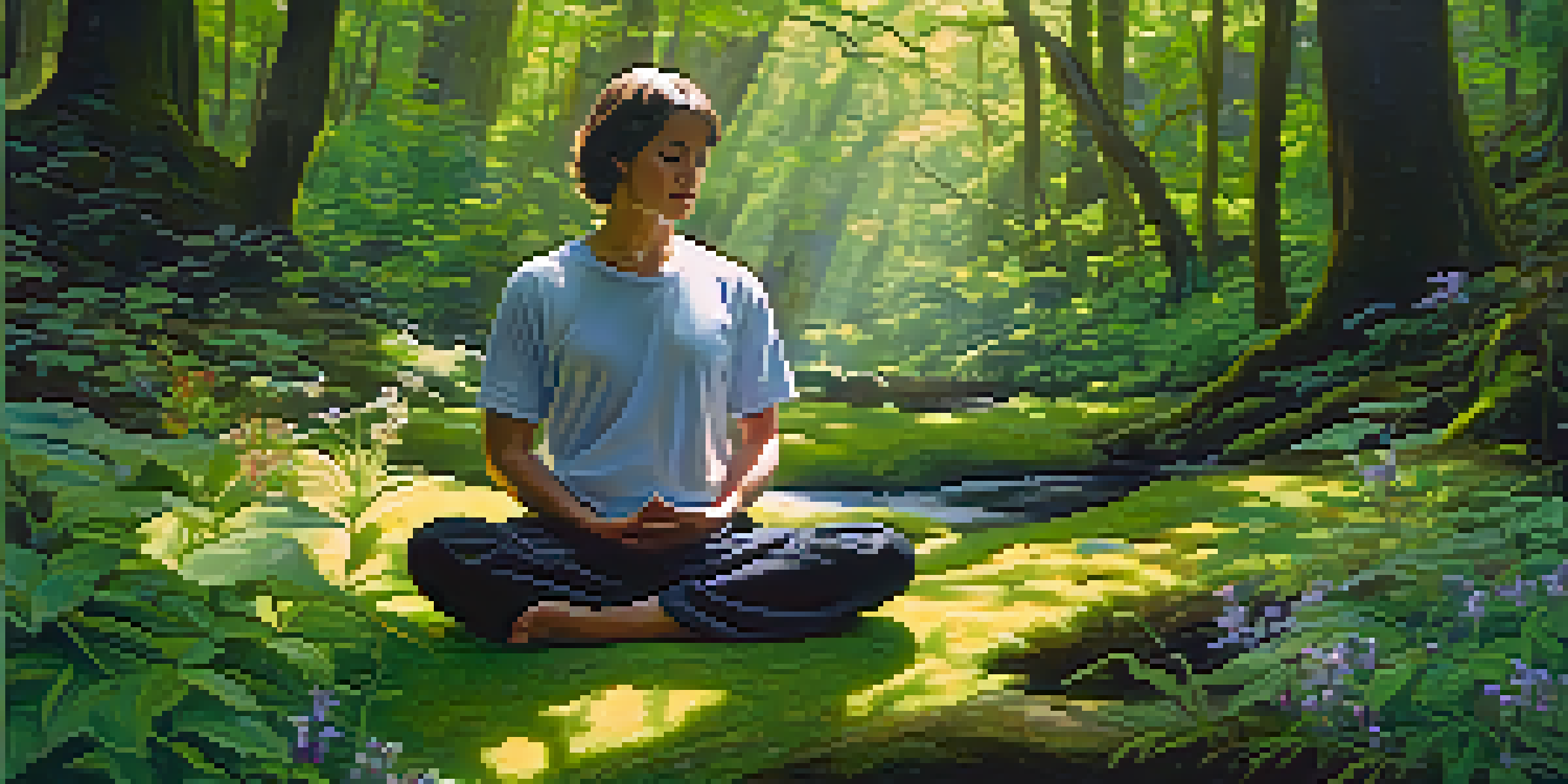 A person meditating in a peaceful forest, surrounded by greenery and wildflowers.