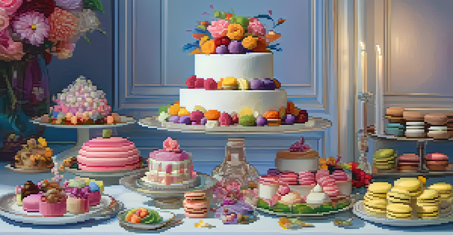 A table featuring traditional desserts from different cultures, including a wedding cake, sugar skulls, and macarons, arranged with flowers.