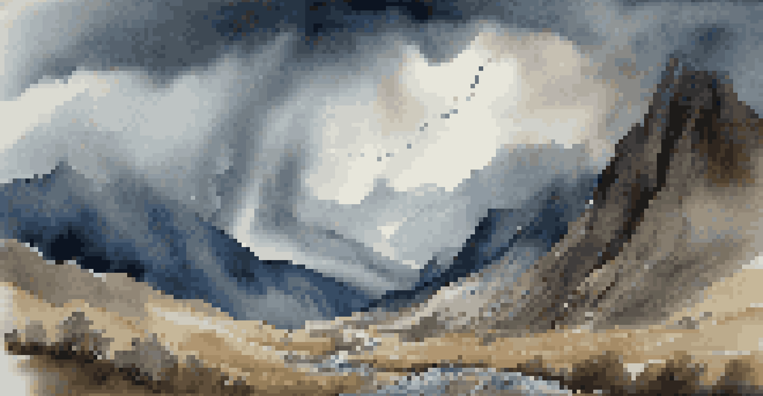 A stormy mountain landscape with dark clouds and lightning, conveying a sense of drama and intensity.