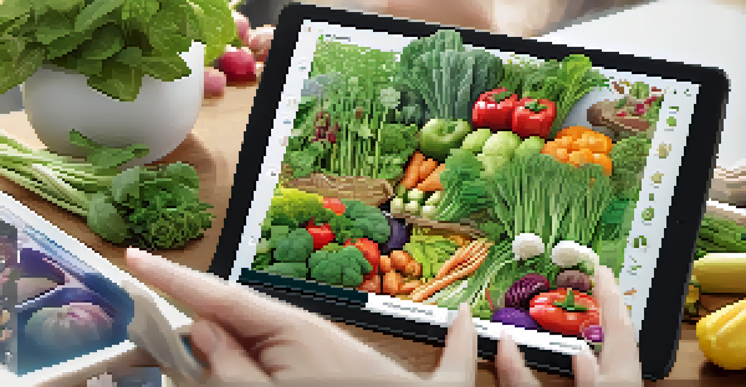 A close-up of a tablet displaying a colorful digital garden design with detailed plant information.