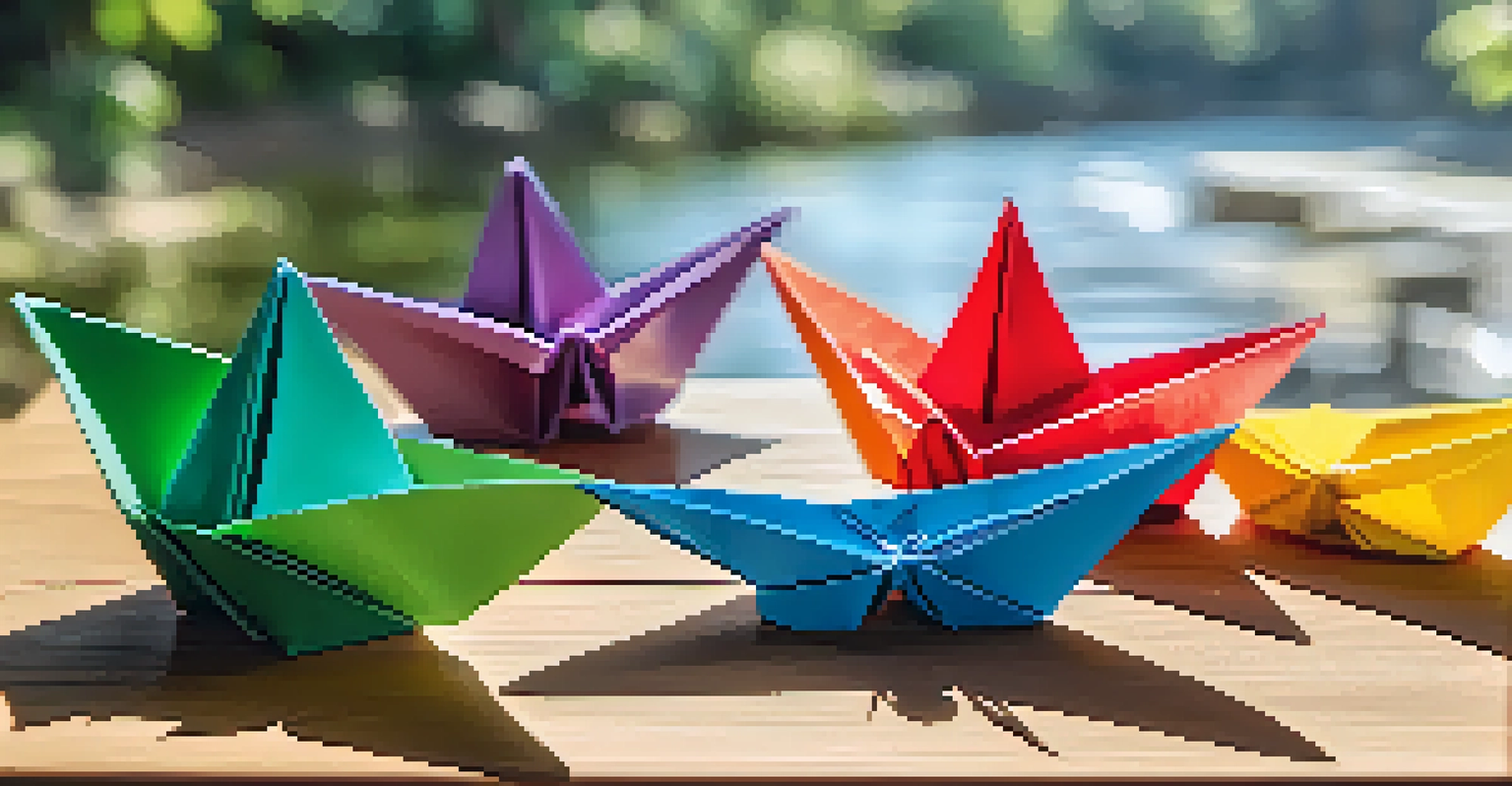A collection of colorful origami models like a flower, boat, and butterfly on a wooden table with a blurred green background.