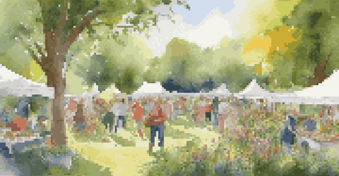 A lively foraging festival with diverse participants collecting wild herbs and berries in a green park, featuring artisan stalls and sunlight filtering through trees.