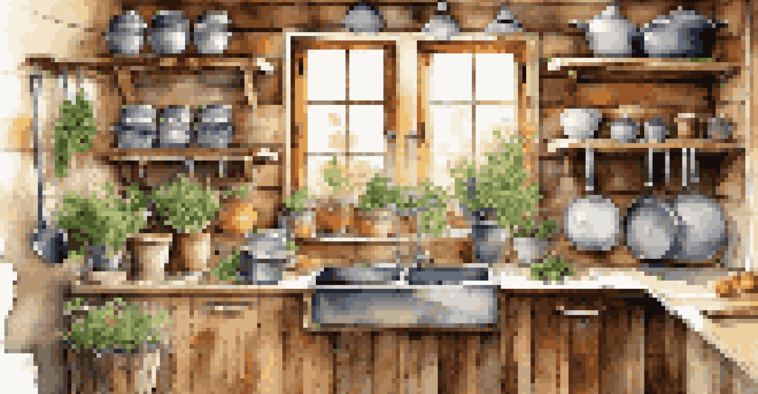 A rustic kitchen with wall storage made of repurposed wooden pallets, filled with utensils and herbs, illuminated by sunlight.