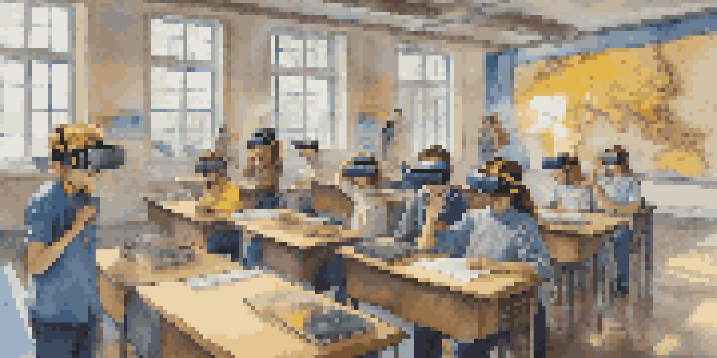 Students in a classroom wearing VR headsets, engaged in an immersive learning experience about history.