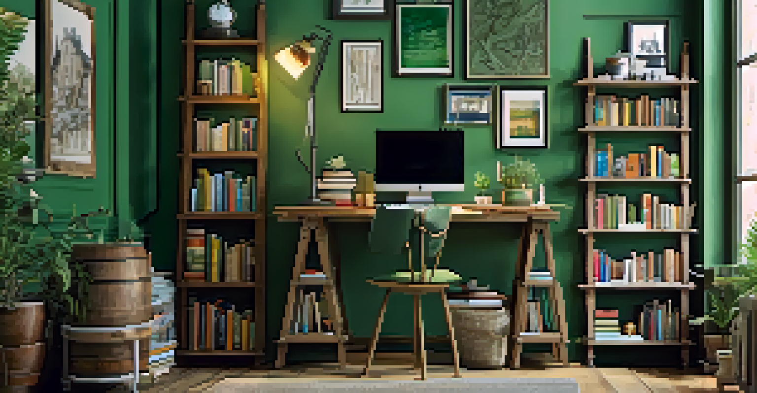 A creative workspace with a ladder bookshelf and a vintage desk by a window.
