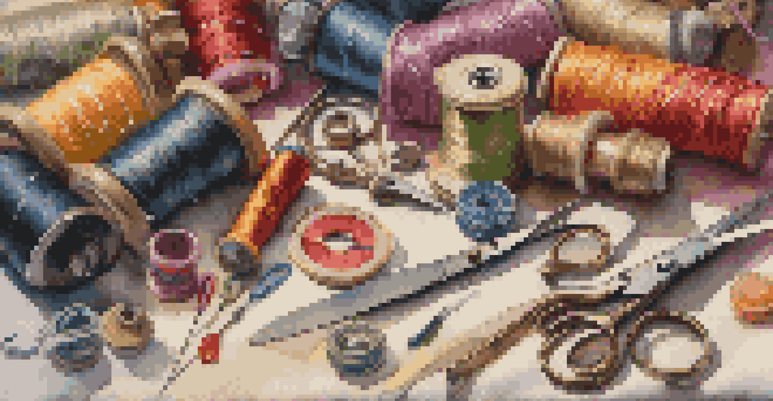 A creative arrangement of sewing tools like scissors, pins, and threads on a textured fabric background, showcasing the preparation for sewing.