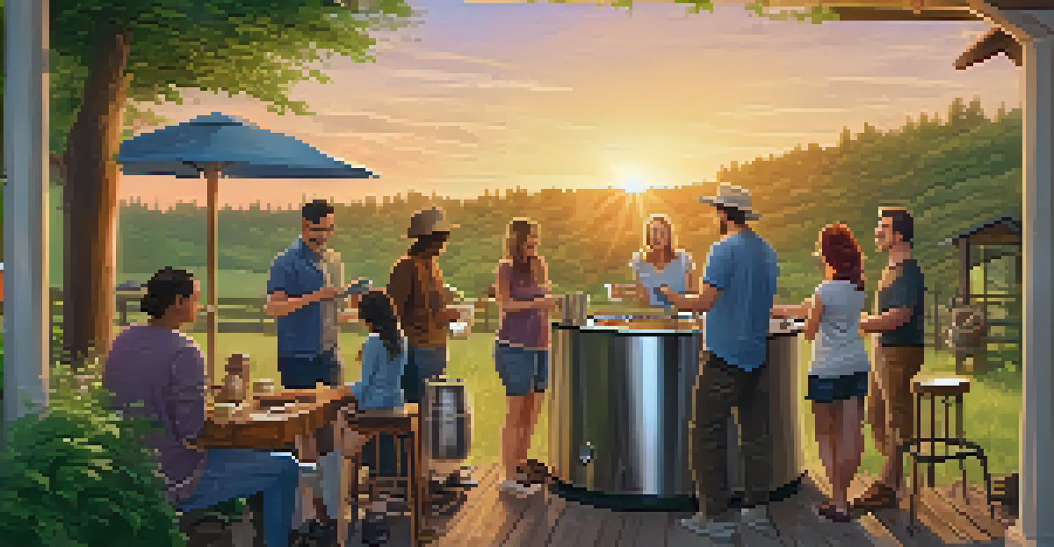 A group of friends outdoors enjoying a brewing session, using a tablet while surrounded by nature.