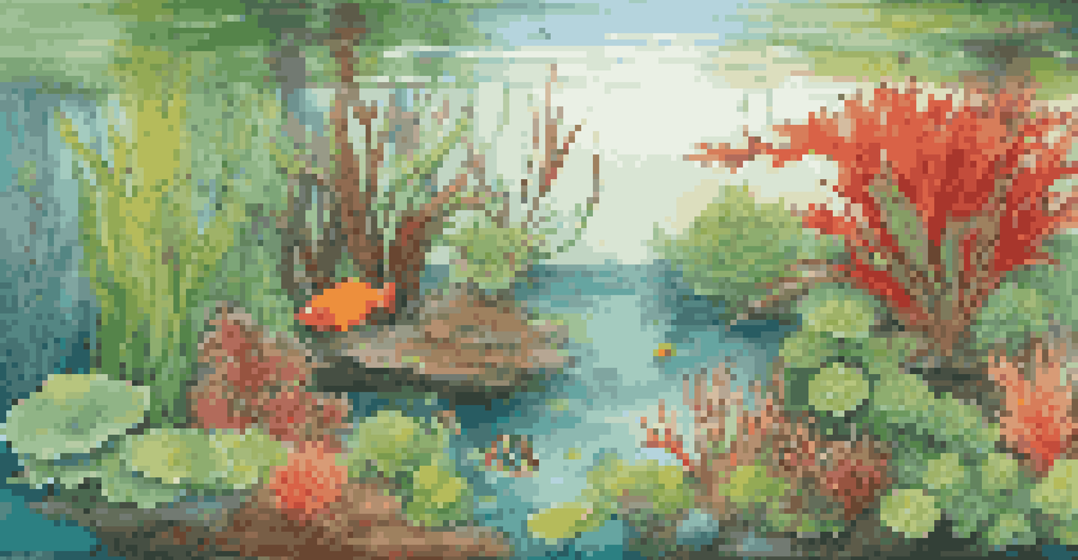 A colorful Dutch style aquascape filled with diverse aquatic plants in green, red, and orange, arranged in layers and illuminated by bright natural light.