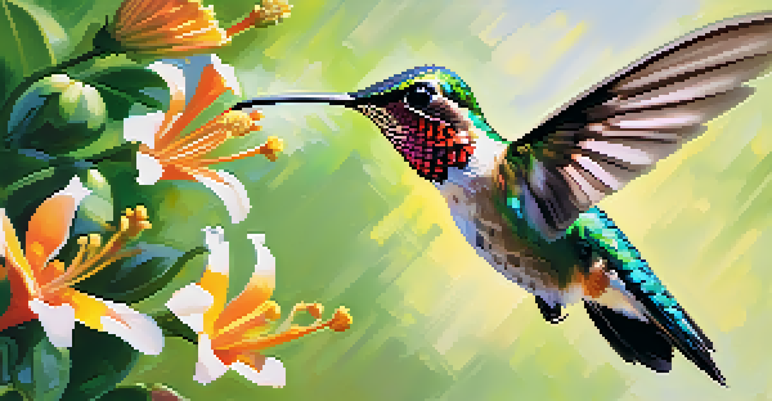 A close-up of a hummingbird hovering near a nectar feeder, showcasing its iridescent feathers and delicate wings against a blurred floral background.