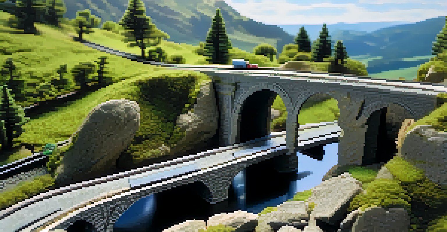 A stone arch bridge with moss, featuring miniature trains in a model railroad landscape.