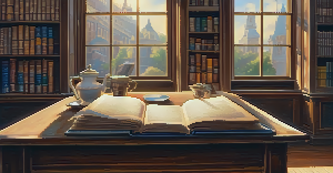 A cozy library study room with bookshelves, a wooden desk with an open notebook, and a cup of tea, illuminated by sunlight.