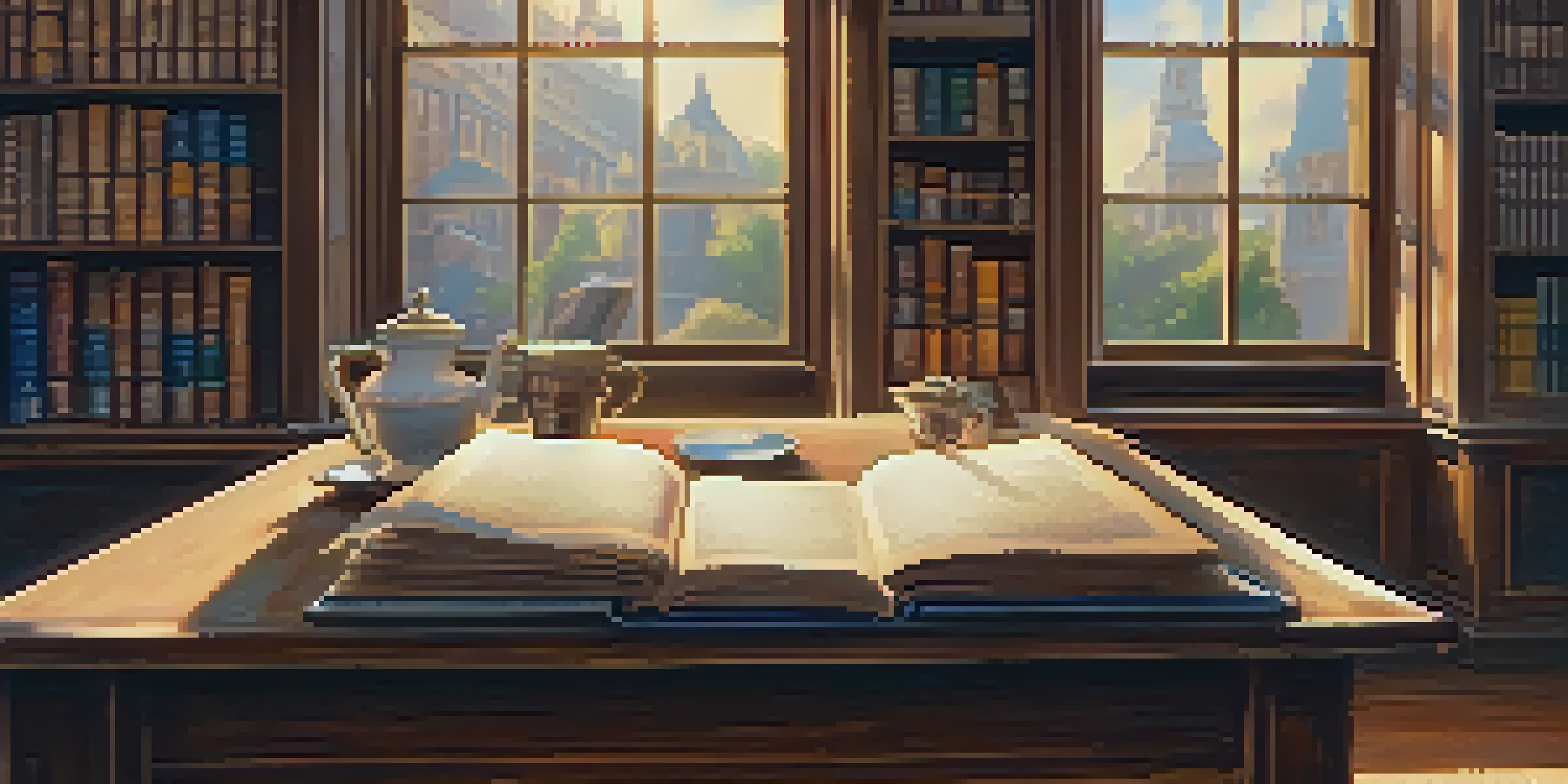 A cozy library study room with bookshelves, a wooden desk with an open notebook, and a cup of tea, illuminated by sunlight.