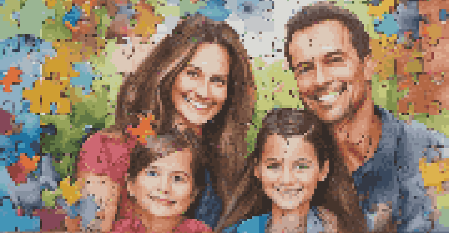 A close-up view of a custom jigsaw puzzle with a family portrait, surrounded by colorful puzzle pieces on a softly blurred background.