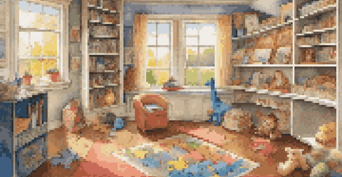 A cozy children's puzzle area with a small table, colorful puzzle pieces, and shelves filled with various puzzles, illuminated by soft natural light.