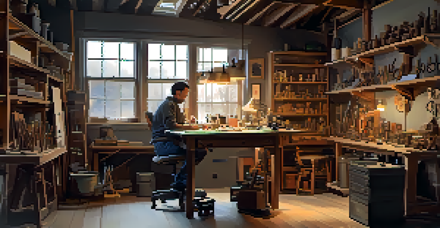 A cozy scale modeling workshop with completed models on display, featuring adjustable LED lights and a comfortable workspace.