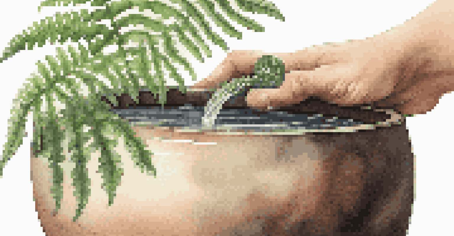A close-up of a hand watering a green fern, emphasizing the beautiful textures of the plant and the nurturing act of plant care.