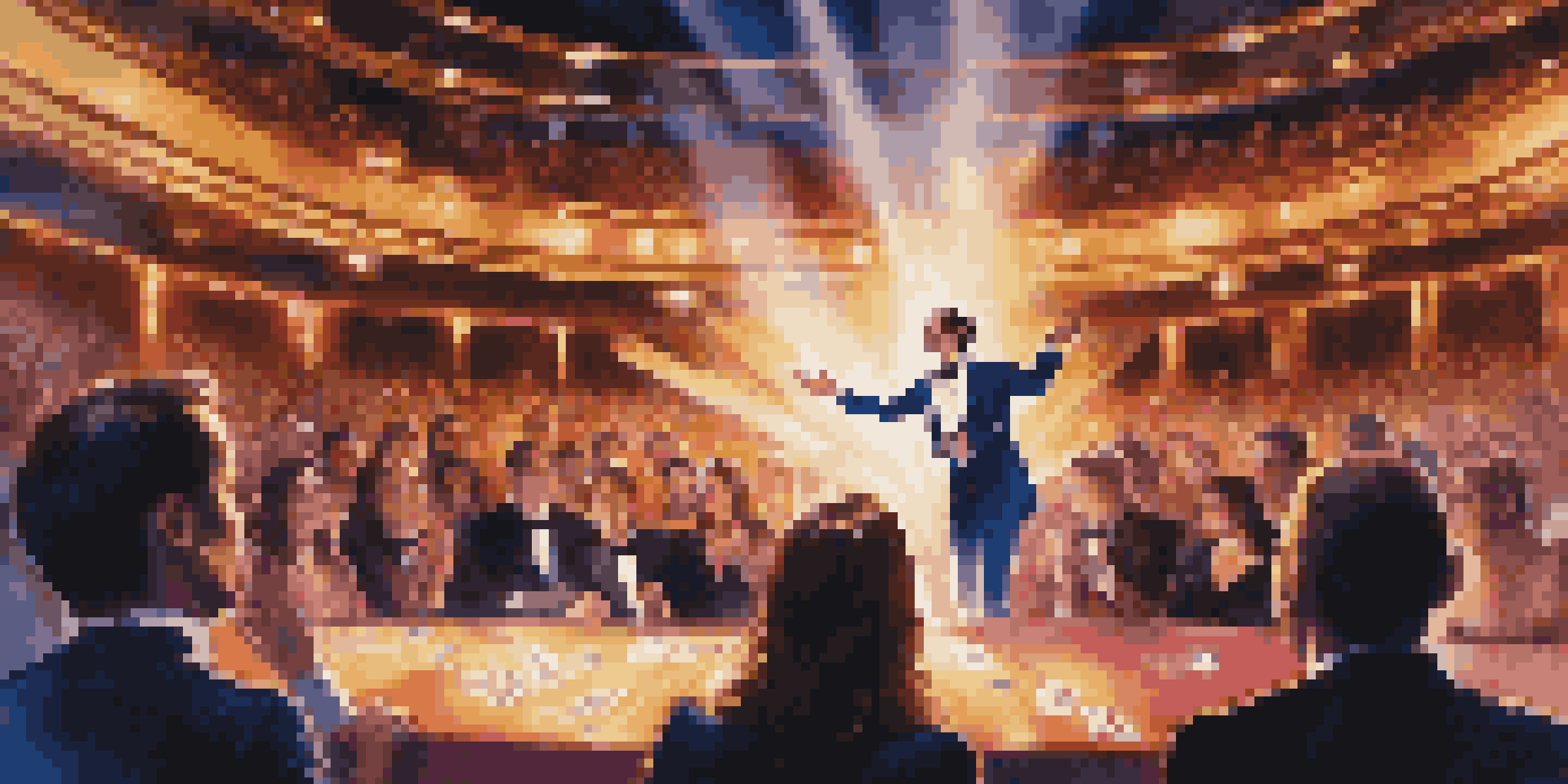 A magician in a tuxedo performing a card trick on stage, with colorful lights and an amazed audience.