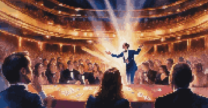 A magician in a tuxedo performing a card trick on stage, with colorful lights and an amazed audience.