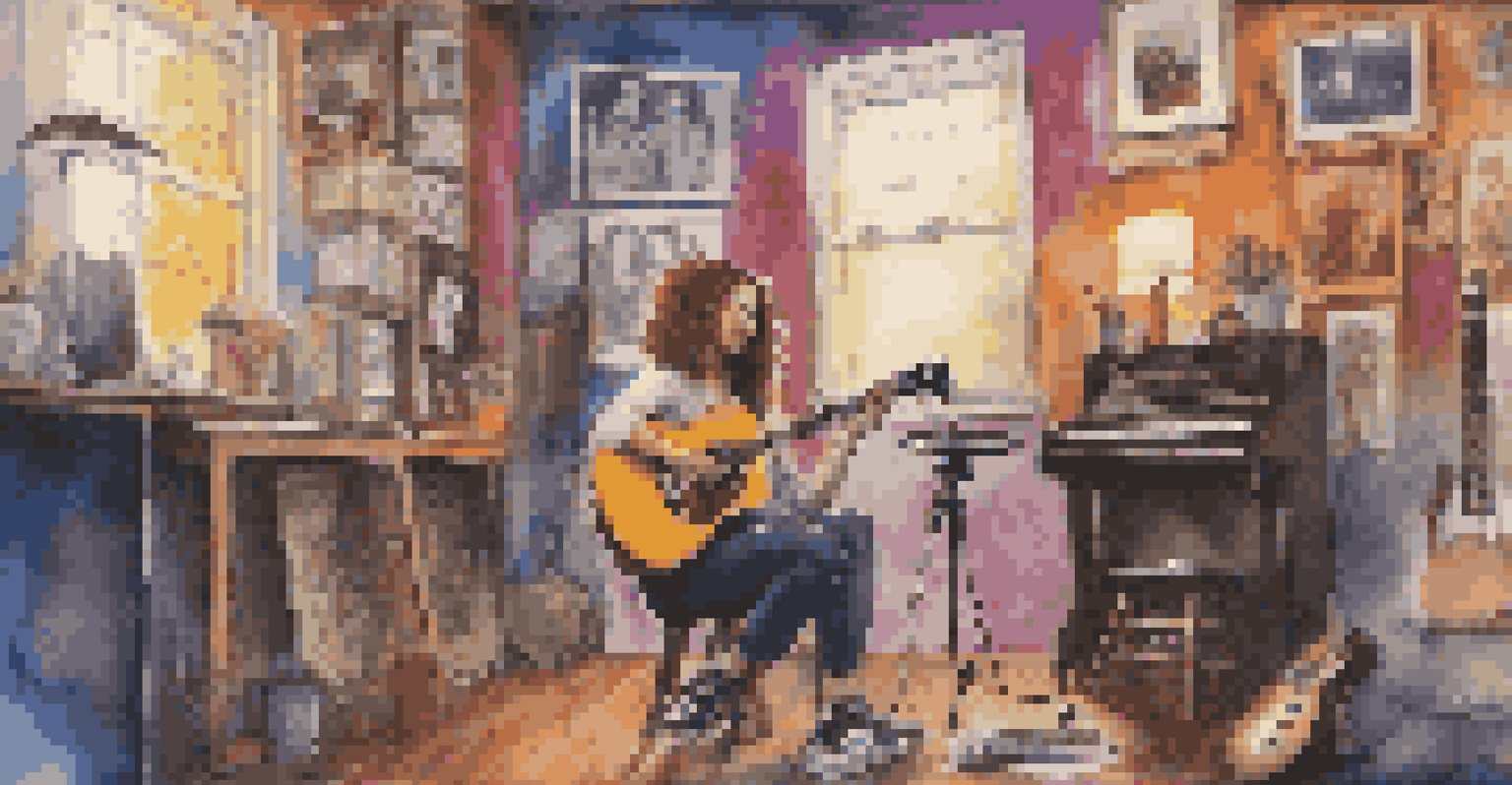A young female music artist recording a video with a guitar and notebook in a colorful, creative space.