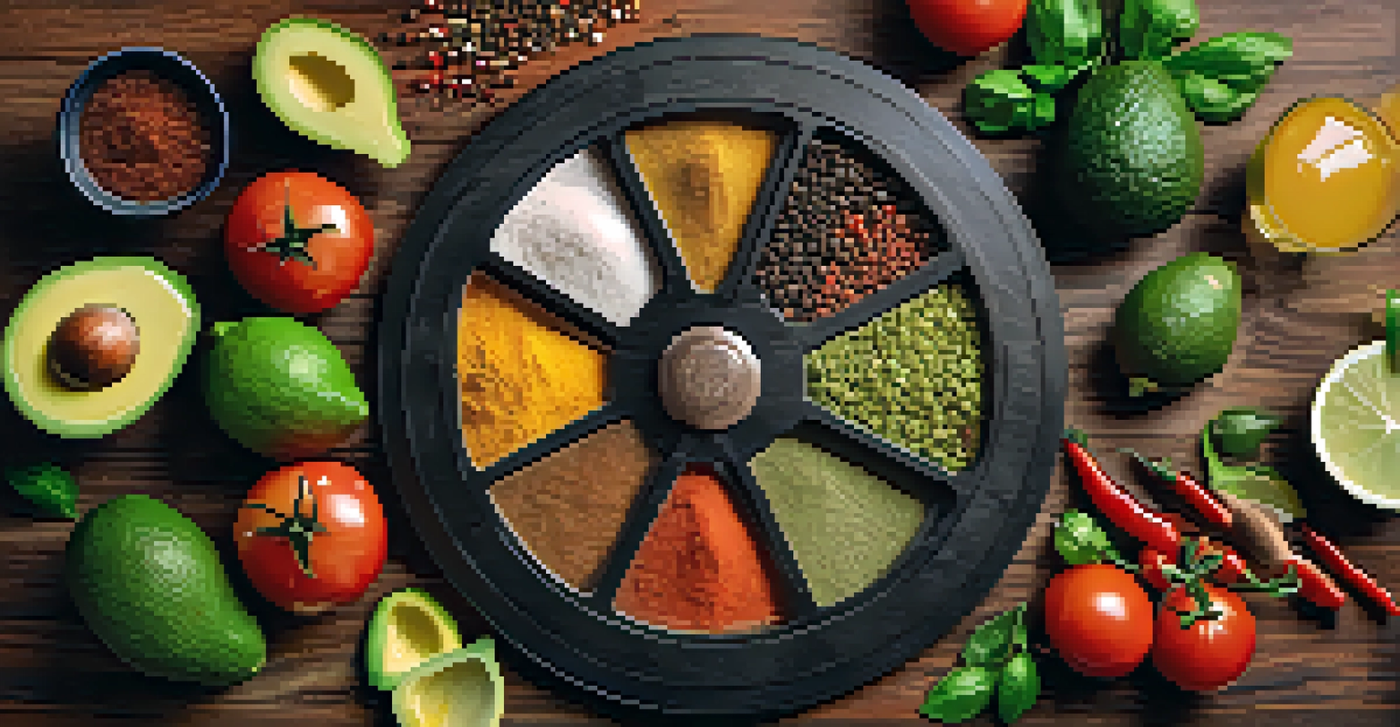 A flavor wheel made of spices and herbs with fresh ingredients like avocados and limes on a textured wooden surface.
