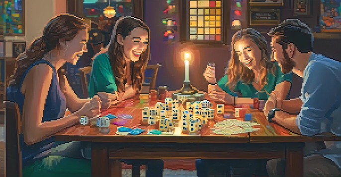A wooden table set for a Yahtzee game night with five colorful dice, a score sheet, and friends enjoying the evening together.