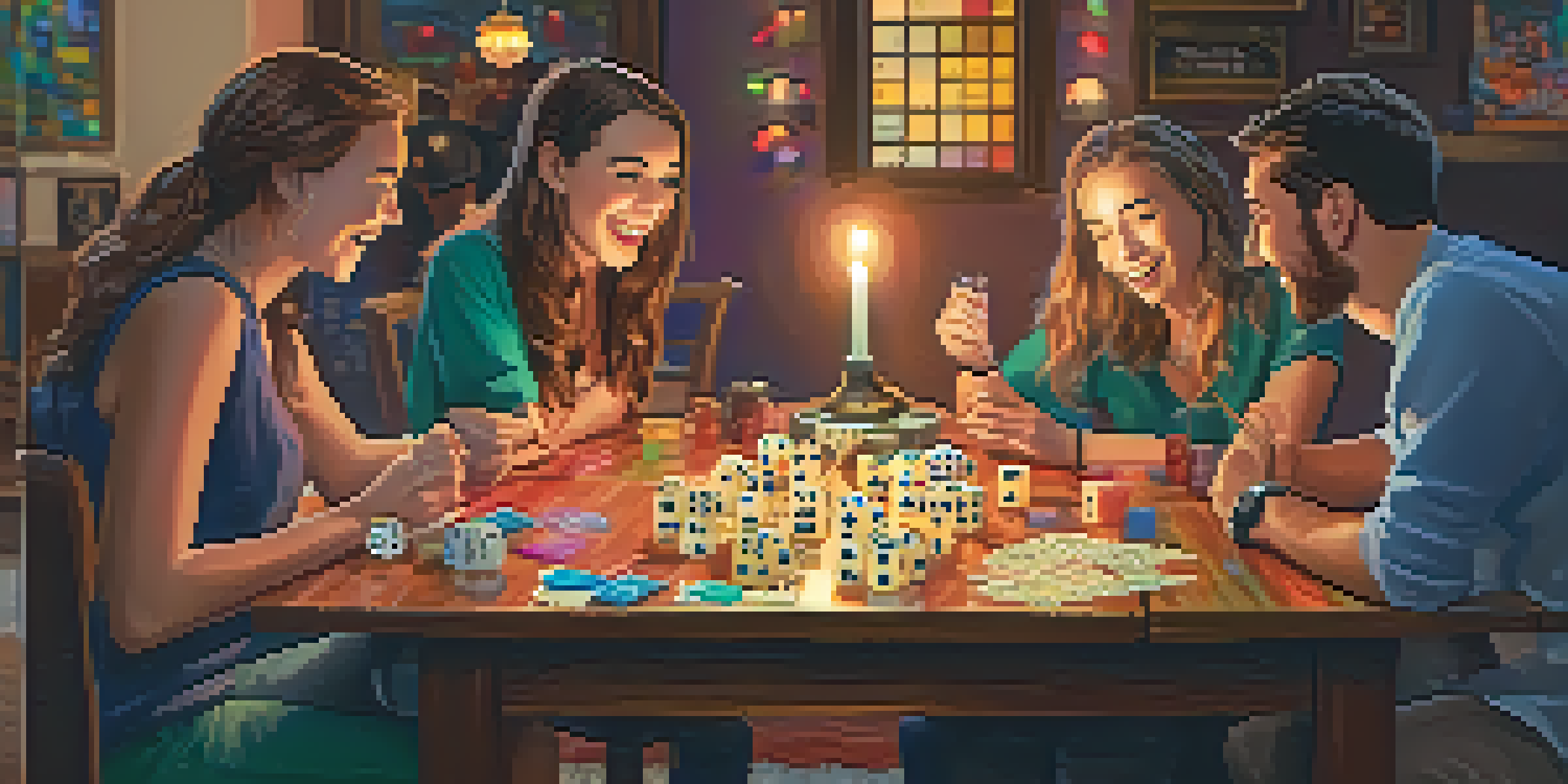 A wooden table set for a Yahtzee game night with five colorful dice, a score sheet, and friends enjoying the evening together.