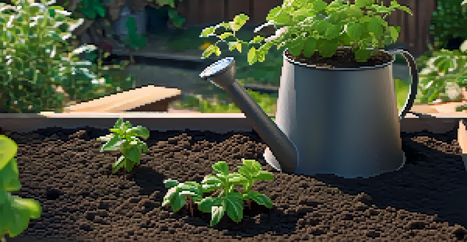 A close-up of dark, nutrient-rich soil with healthy plants growing, a soil test kit, and a watering can in a small garden.