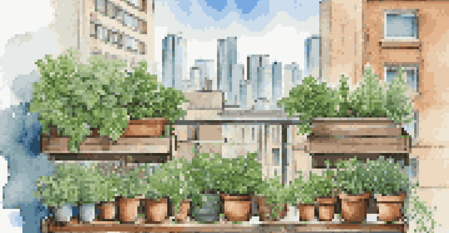 A vertical herb garden on an urban balcony with wall-mounted planters and a city skyline in the background.