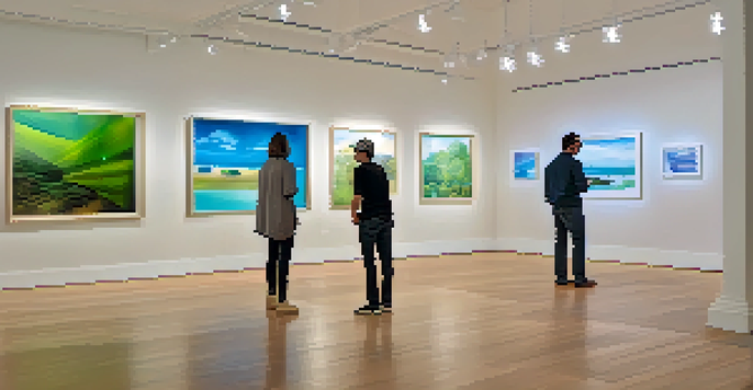 An art gallery featuring contemporary art on white walls, with visitors interacting with a digital installation under soft lighting.