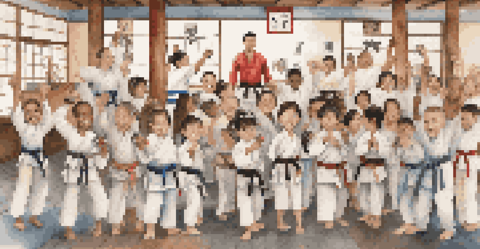 Children celebrating their achievements after a martial arts class in a dojo with trophies in the background.