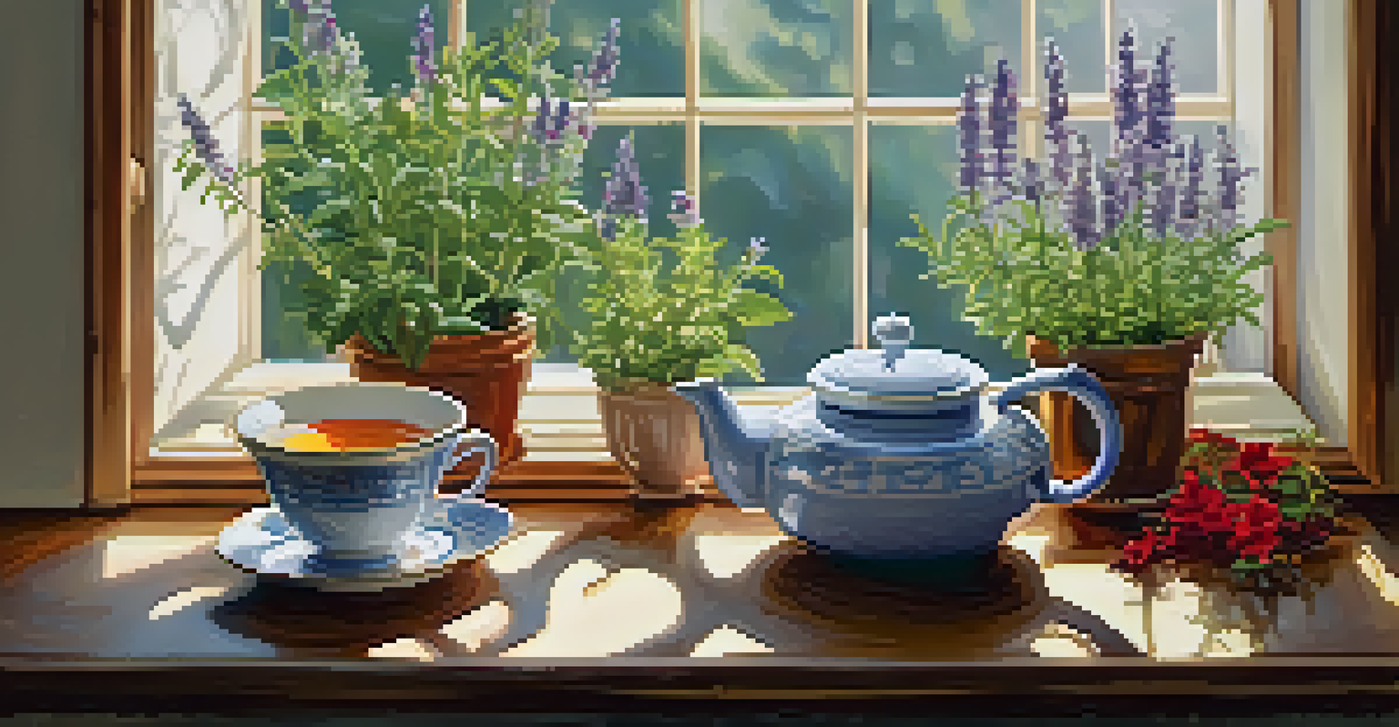 A cozy kitchen with a teapot brewing herbal tea, surrounded by fresh herbs and sunlight streaming through the window.