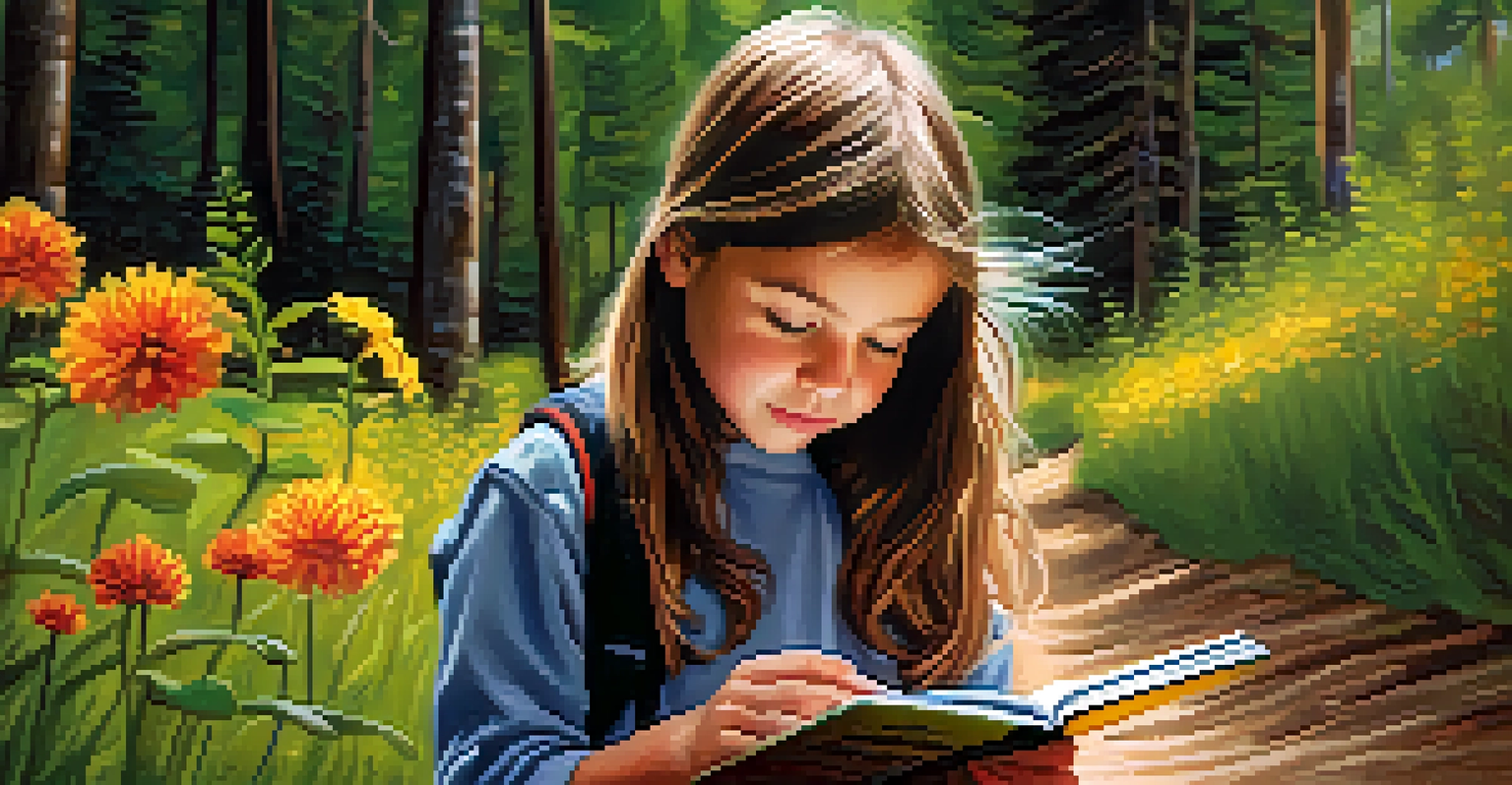 A child exploring a flower with a field guide, showcasing curiosity in nature during a hike.