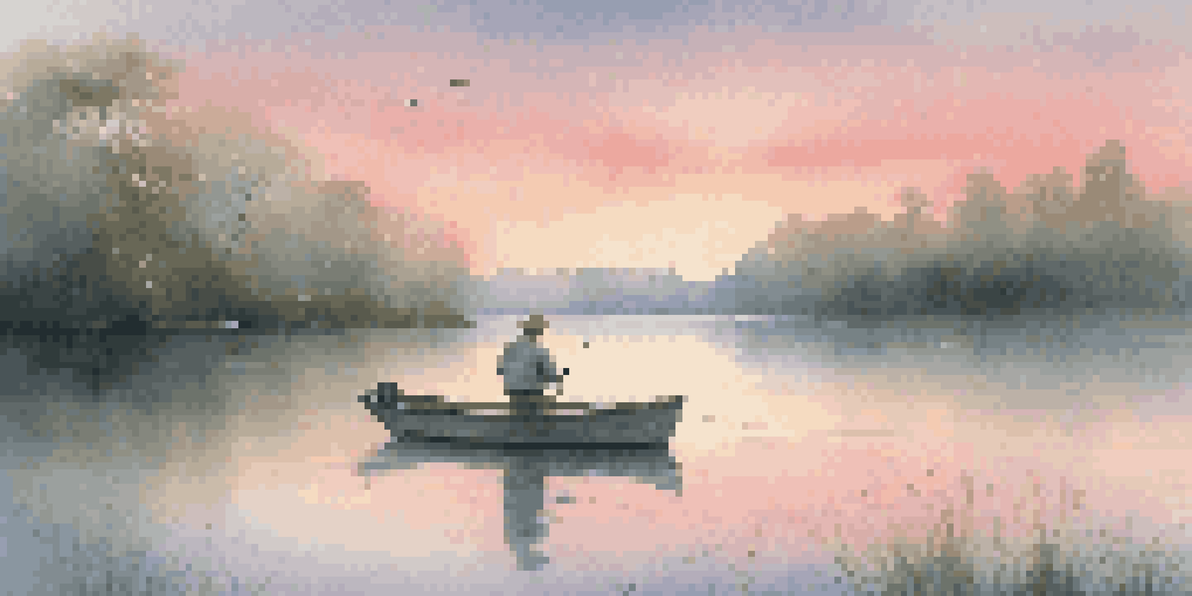 A calm lake at dawn with a lone angler in a small boat casting a fishing line, surrounded by lush greenery and mist rising from the water.
