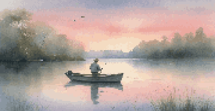A calm lake at dawn with a lone angler in a small boat casting a fishing line, surrounded by lush greenery and mist rising from the water.